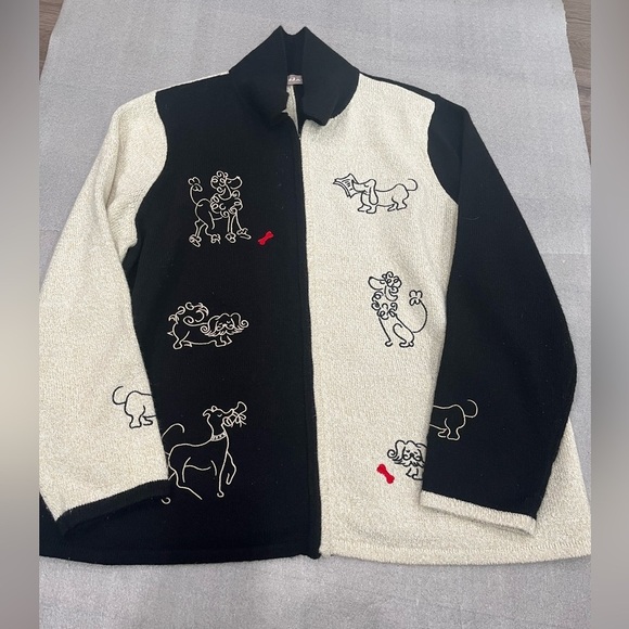 TanJay Sweaters - [XL]Tanjay Poodle cardigan sweater Black Cream Embroidered Dog Knit Zip Jacket